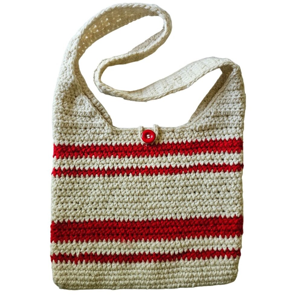 Hand Crochet Large Red White Striped Wool Handmade Purse Crossbody 14x12